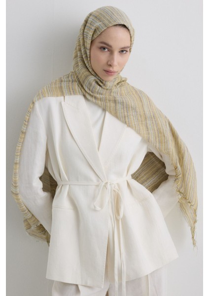 Baby Sarı Ince Çizgili Keten Dokulu Pamuklu Şal