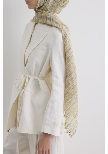 Baby Sarı Ince Çizgili Keten Dokulu Pamuklu Şal