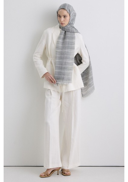 Baby Siyah Gri Ince Çizgili Keten Dokulu Pamuklu Şal