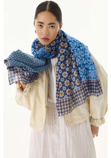 Violet Geometrik Çiçek Desen Mavi Pamuklu Şal