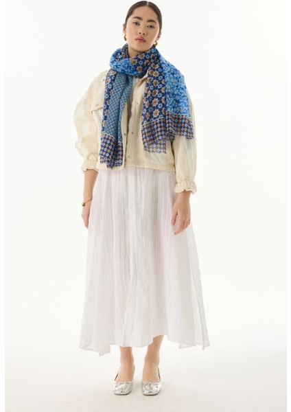 Violet Geometrik Çiçek Desen Mavi Pamuklu Şal fiyatları