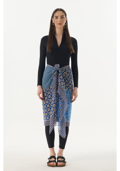 Violet Geometrik Çiçek Desen Mavi Pamuklu Şal fırsatları