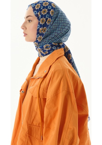 Violet Geometrik Çiçek Desen Mavi Pamuklu Şal indirimleri