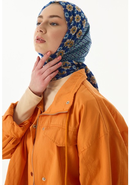 Violet Geometrik Çiçek Desen Mavi Pamuklu Şal