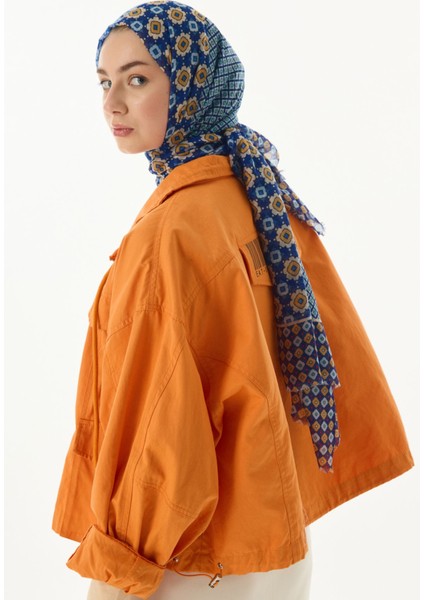 Violet Geometrik Çiçek Desen Mavi Pamuklu Şal