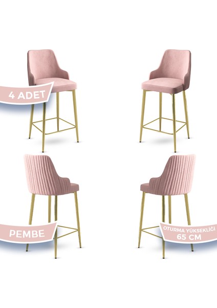 Tera Serisi 4 Adet Pembe Babyface Kumaş 65 cm Gold Kaplama Ayaklı Bar Sandalyesi