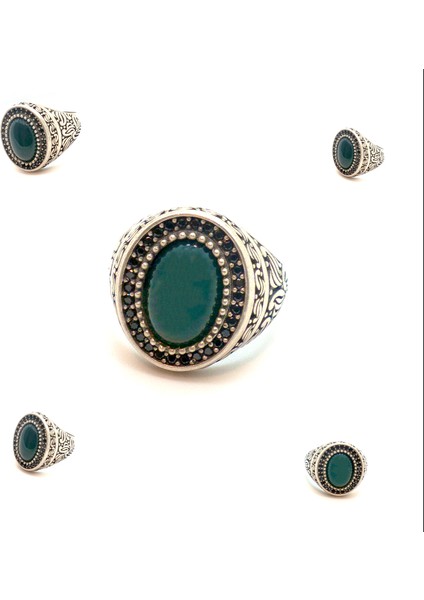 Osmanlı Stil Yeşil Akik ve Zirkon Detaylı Erkek Yüzük Parmağa Göre Ayarlanır 10.23 gr