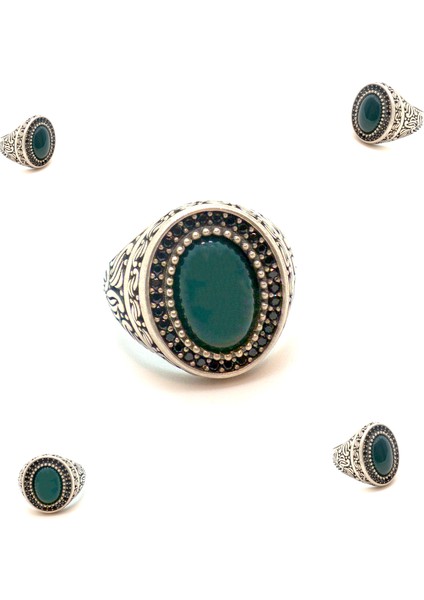 Osmanlı Stil Yeşil Akik ve Zirkon Detaylı Erkek Yüzük Parmağa Göre Ayarlanır 10.23 gr fiyatları
