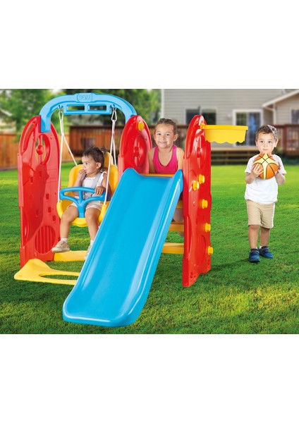 4’ü 1 Arada Çocuk Oyun Parkı – Kaydırak, Salıncak, Barfiks, Basket Potası (124X156X170 Cm)