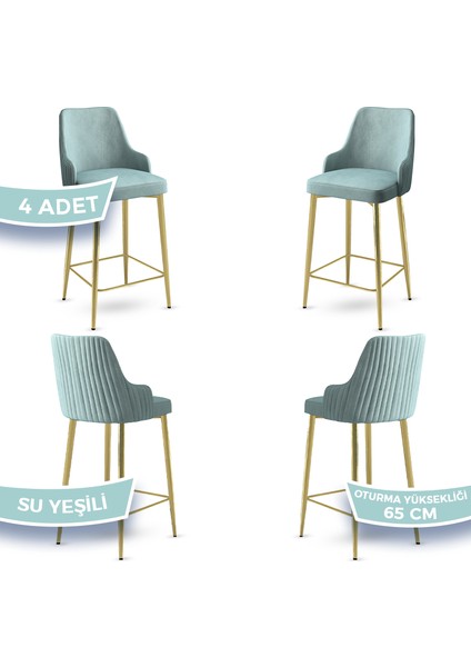 Tera Serisi 4 Adet Su Yeşili Babyface Kumaş 65 cm Gold Kaplama Ayaklı Bar Sandalyesi