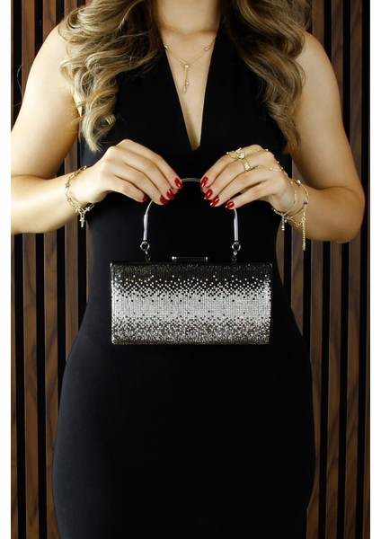 Antrasit Saten Degrade Kristal Taşlı Metal Saplı Abiye El Çantası