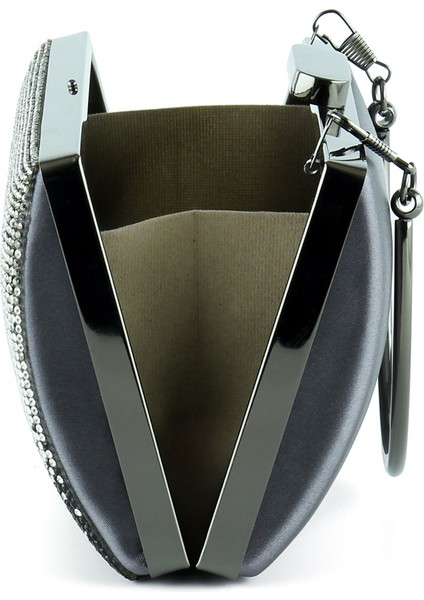 Antrasit Saten Degrade Kristal Taşlı Metal Saplı Abiye El Çantası