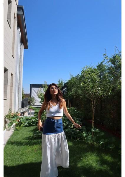 Üstü Denim Altı Poplin Etek