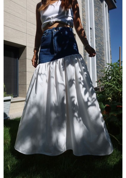 Üstü Denim Altı Poplin Etek modelleri