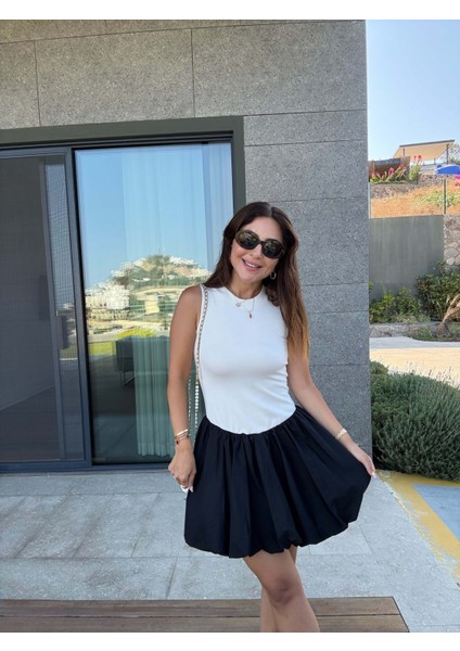 Üstü Penye Altı Poplin Balon Elbise