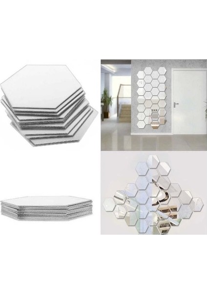 12 Adet Orta Boy Yapışkanlı Dekoratif Akrilik Ayna Altıgen modelleri