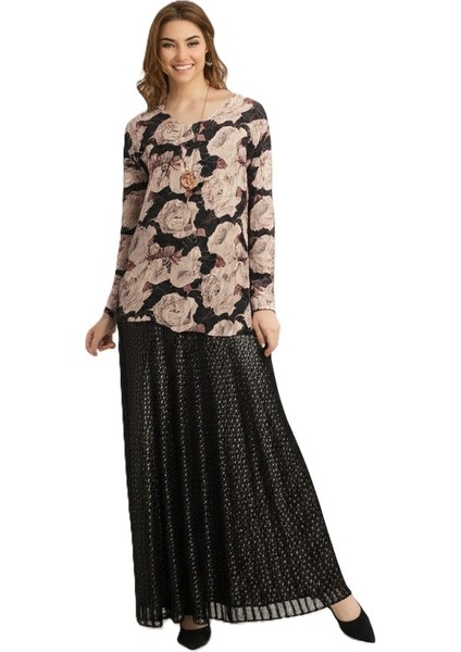 Kadın Klasik Şifon Anne Bluz Viskoz Kumaş Gül Desenli Kolyeli Uzun Kollu Astarlı Tam Kalıp