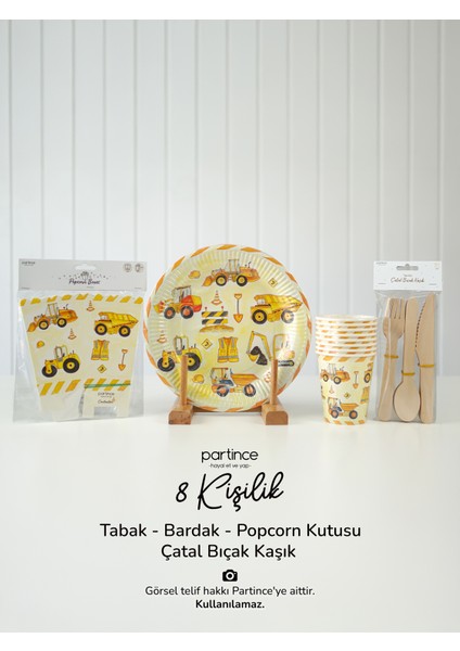 8 Kişilik Inşaat Tema Kullan At Karton Popcorn Mısır Kutusu- Tabak-Bardak-Çatal Kaşık Bıçak Parti Seti
