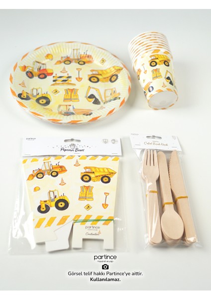 8 Kişilik Inşaat Tema Kullan At Karton Popcorn Mısır Kutusu- Tabak-Bardak-Çatal Kaşık Bıçak Parti Seti fiyatları
