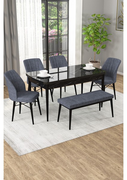 Arel Siyah Mermer 80X132 Açılabilir Mdf Masa Yemek Odası Takımı, Mutfak Takımı 4 Adet Sandalye, 1 Bench