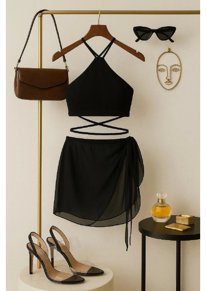 Kadın Siyah Çapraz Bağlamalı Crop ve Pareo 2'li Set modelleri