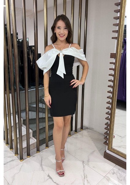 Kadın Ip Askılı Taş Işlemeli Astarlı Saten Fiyonk Detaylı Kısa Elbise