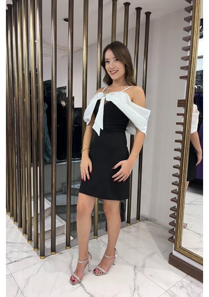 Kadın Ip Askılı Taş Işlemeli Astarlı Saten Fiyonk Detaylı Kısa Elbise modelleri