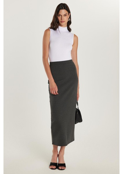 Kadın Slim Fit Dar Kesim Beli Lastikli Viskon Kumaş Midi Boy Gri Etek modelleri