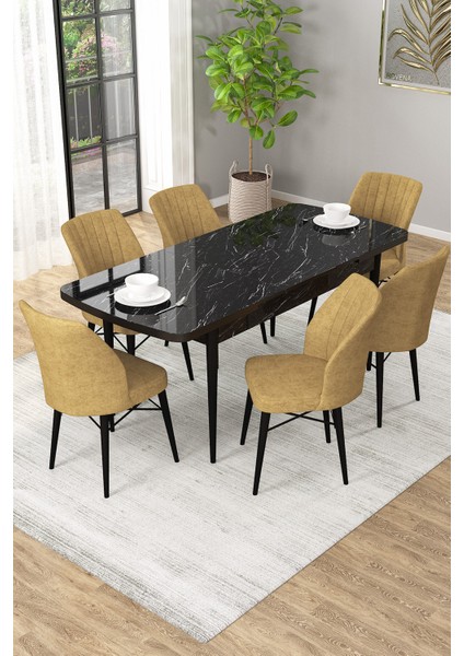 Arel Siyah Mermer 80X132 Açılabilir Mdf Masa Yemek Odası Takımı, Mutfak Takımı 6 Adet Sandalye fiyatları