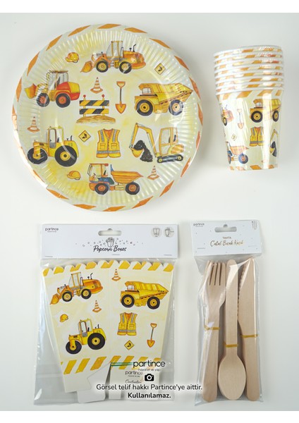 8 Kişilik Inşaat Tema Kullan At Karton Popcorn Mısır Kutusu- Tabak-Bardak-Çatal Kaşık Bıçak Parti Seti modelleri