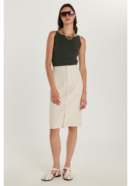 Kadın Slim Fit Önü Fermuar Detaylı Midi Boy Bej Etek fırsatları