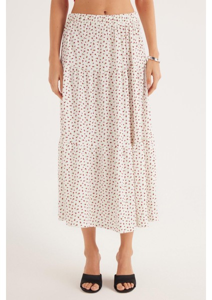 Kadın Standart Fit Beli Lastikli Baskılı Midi Boy Etek