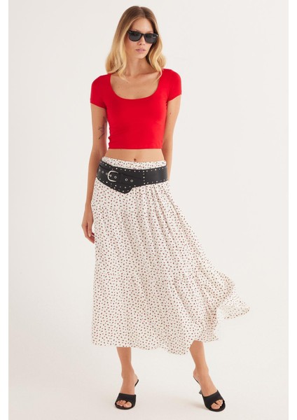 Kadın Standart Fit Beli Lastikli Baskılı Midi Boy Etek indirimleri