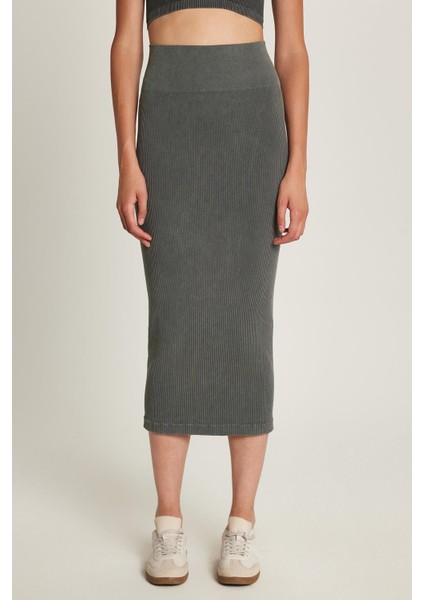 Kadın Slim Fit Pamuklu Düz Uzun Antrasit Etek