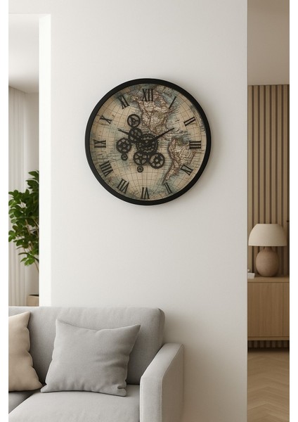 Çarklı Duvar Saati, Modern Dünya Haritası Desenli Roma Rakamı Duvar Saati 60cm Çap (CON-6002) modelleri