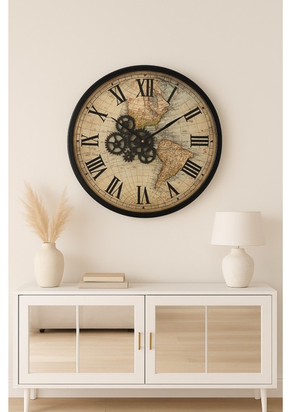 Çarklı Duvar Saati, Modern Dünya Haritası Desenli Roma Rakamı Duvar Saati 60cm Çap (CON-6002) fiyatları