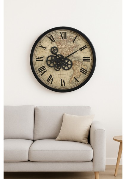 Çarklı Duvar Saati, Modern Dünya Haritası Desenli Roma Rakamı Duvar Saati 60cm Çap (CON-6002)