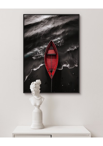 Metal Çerçeveli Gerçek Camlı Tablo , Dijital Baskı, Soyut Tablo, Denizde Kırmızı Kayık, Modern Minimalist Tablo