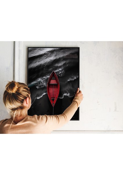 Metal Çerçeveli Gerçek Camlı Tablo , Dijital Baskı, Soyut Tablo, Denizde Kırmızı Kayık, Modern Minimalist Tablo fırsatları