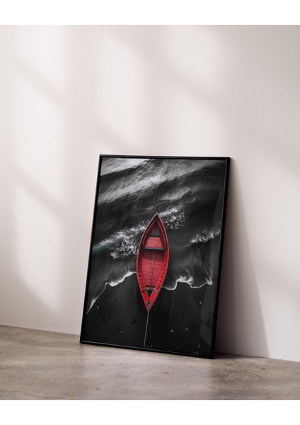 Metal Çerçeveli Gerçek Camlı Tablo , Dijital Baskı, Soyut Tablo, Denizde Kırmızı Kayık, Modern Minimalist Tablo