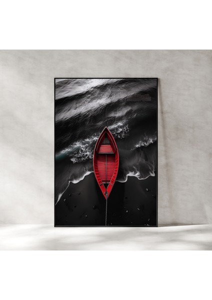 Metal Çerçeveli Gerçek Camlı Tablo , Dijital Baskı, Soyut Tablo, Denizde Kırmızı Kayık, Modern Minimalist Tablo