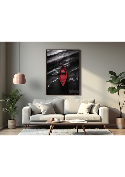 Metal Çerçeveli Gerçek Camlı Tablo , Dijital Baskı, Soyut Tablo, Denizde Kırmızı Kayık, Modern Minimalist Tablo