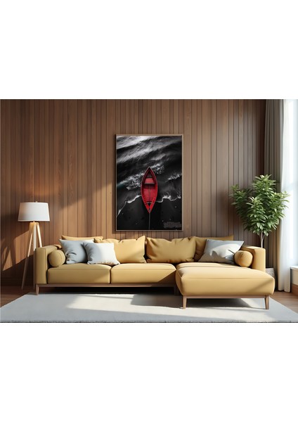 Metal Çerçeveli Gerçek Camlı Tablo , Dijital Baskı, Soyut Tablo, Denizde Kırmızı Kayık, Modern Minimalist Tablo