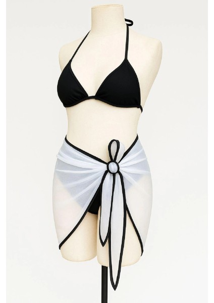 Kadın Siyah Beyaz Pareolu Yandan ve Boyundan Bağlamalı 3'lü Bikini Takımı modelleri