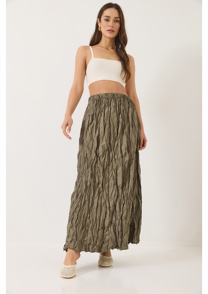 Kadın Beli Lastikli Crush Efektli Uzun Etek fiyatları