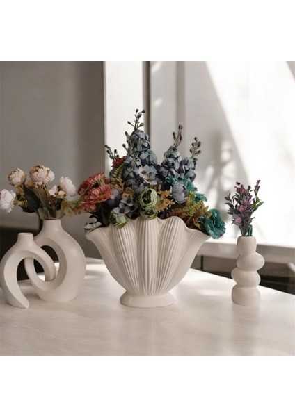 Dekoratif Krem Istiridye Obje & 2'li Vazo Mumluk Seti – Büyük Boy | Salon, Ofis Ev Dekorasyonu