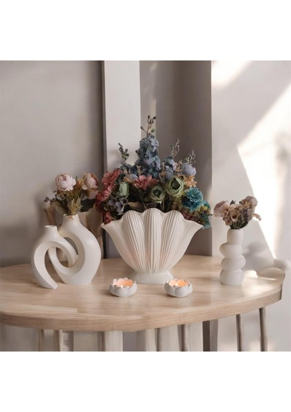 Dekoratif Krem Istiridye Obje & 2'li Vazo Mumluk Seti – Büyük Boy | Salon, Ofis Ev Dekorasyonu modelleri