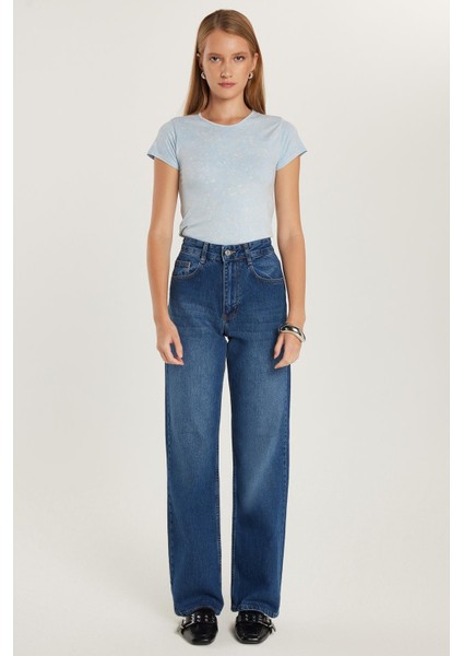 Kadın Regular Fit Geniş Paça Mavi Jean Kot Pantolon modelleri