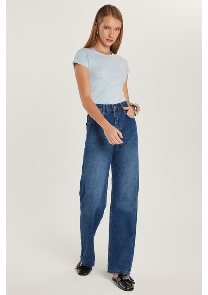 Kadın Regular Fit Geniş Paça Mavi Jean Kot Pantolon fırsatları