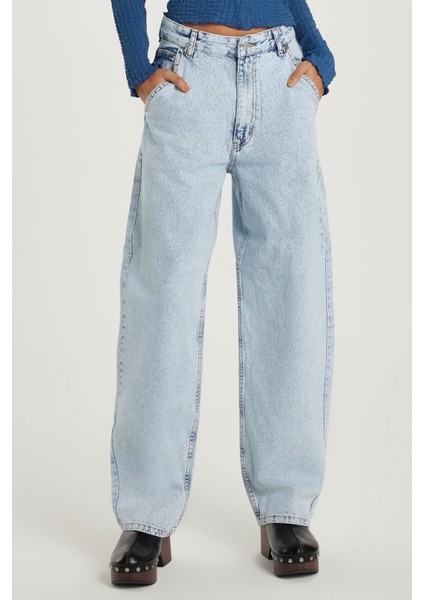 Kadın Regular Fit Yan Cepli Baggy Balon Mavi Jean Kot Pantolon